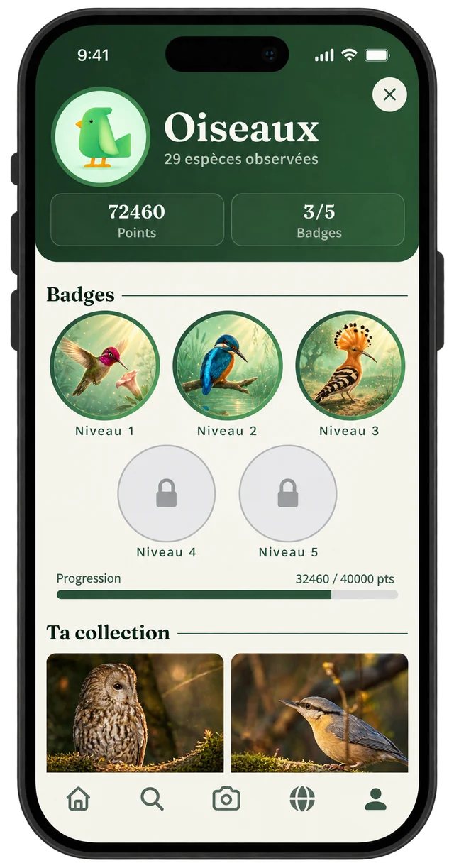 Birds family page: 29 species observed, 3 of 5 badges unlocked