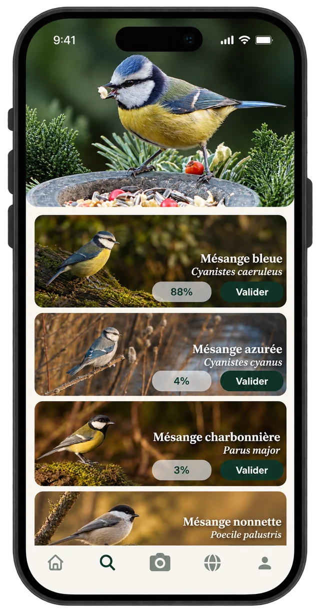 Identification results: Eurasian blue tit 88%, Azure tit 4%, Great tit 3%
