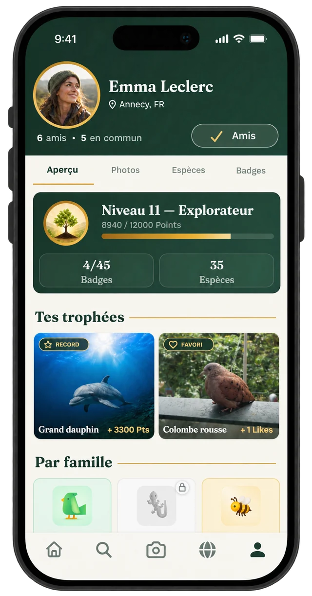 A friend’s profile: level 11, 35 species and her trophies