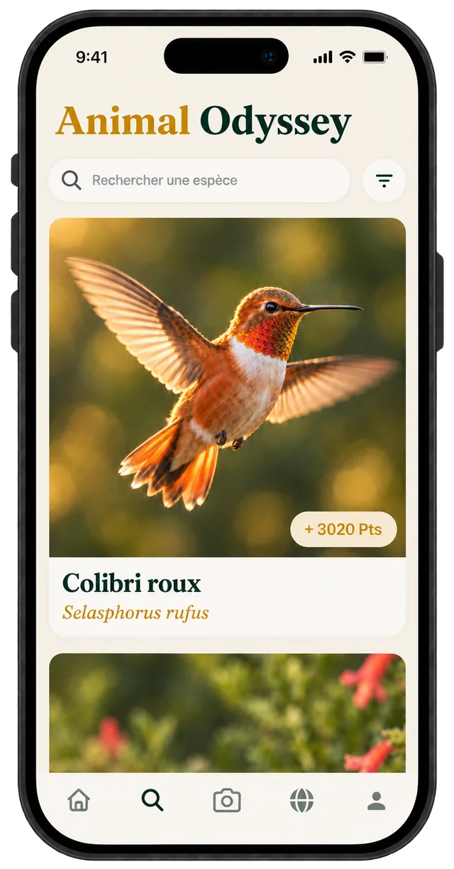 Écran Recherche d’Animal Odyssey, avec la fiche du colibri roux