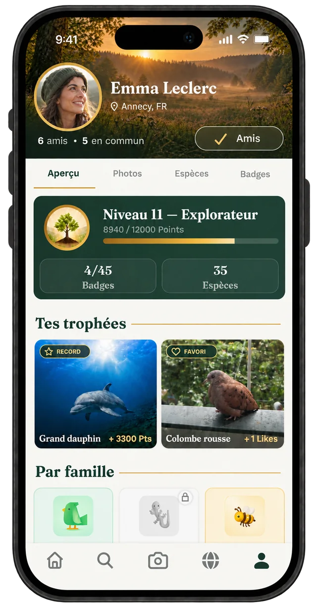 Profil d’Emma : niveau 11, 35 espèces et ses trophées